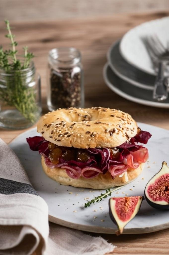 Bagel with salami and radicchio