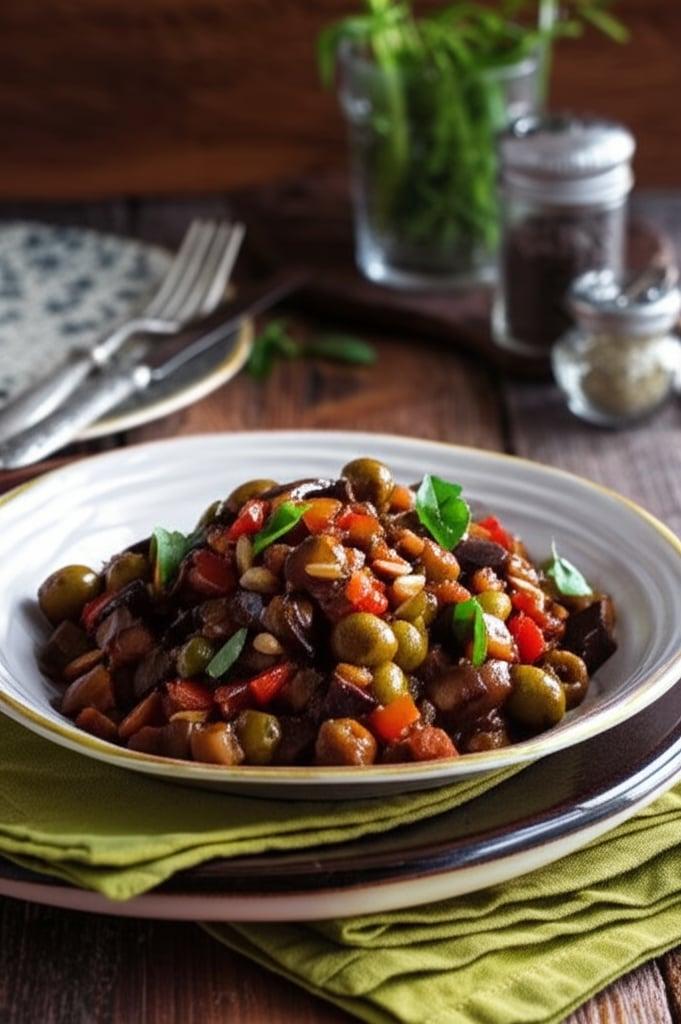 Caponata d'aubergines à la sauce au cacao