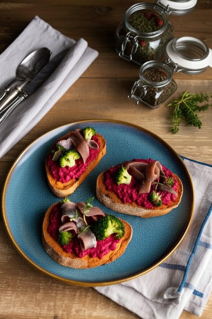 Crostini à l'houmous de betterave et anchois