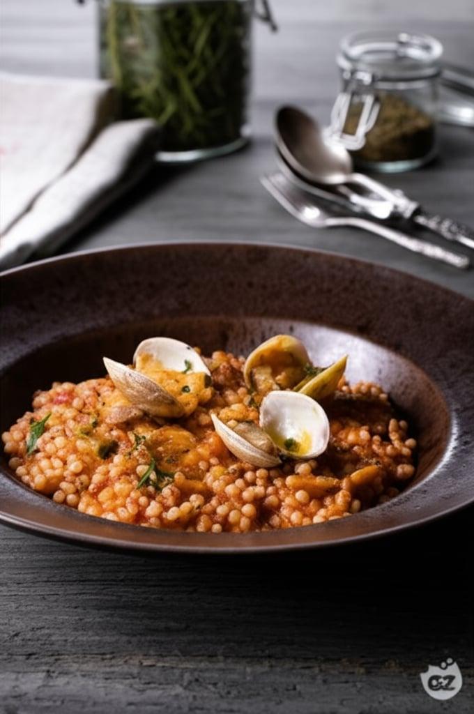 Fregola con almejas y huevas de mújol
