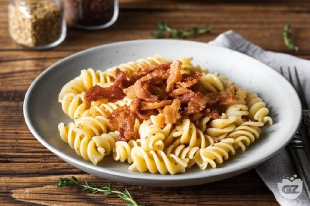 Fusilli con crema de chalota y guanciale