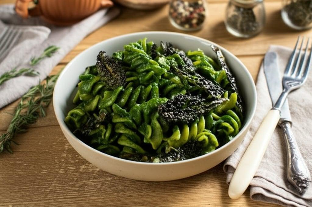 Fusilloni with black cabbage cream