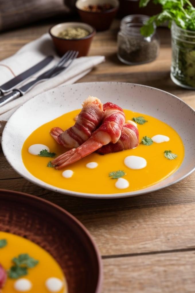 Shrimp wrapped in bacon on pumpkin cream