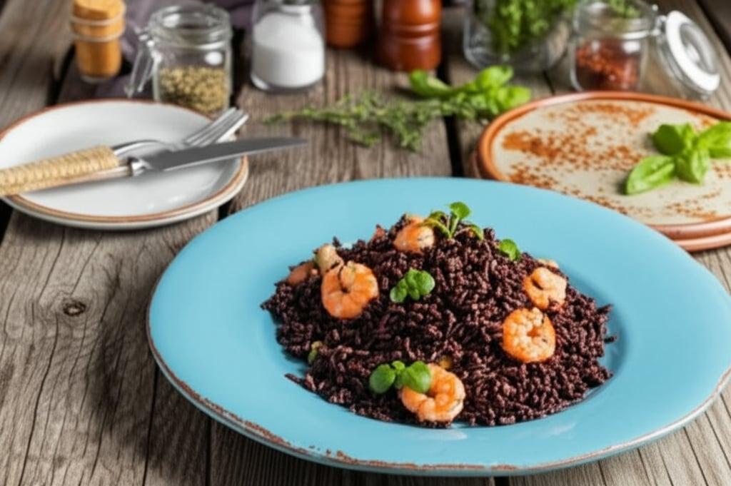Black rice salad with vegetables and shrimp
