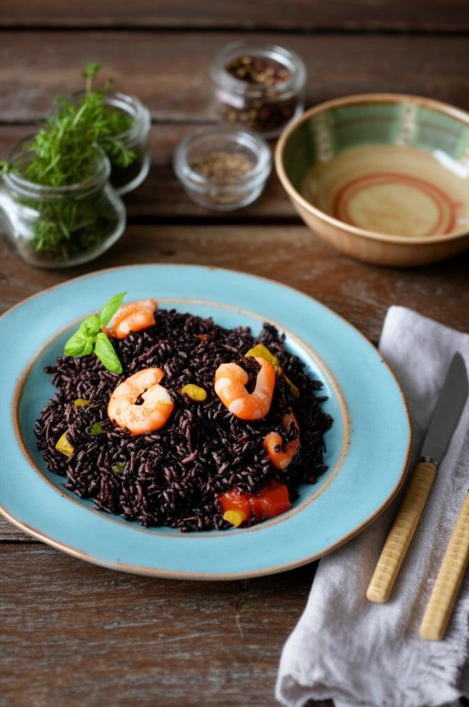 Ensalada de arroz venere con verduras y gambas