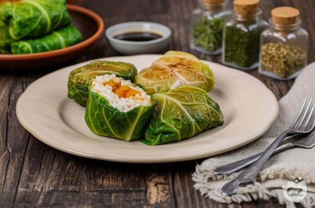 Cabbage rolls stuffed with rice and pumpkin