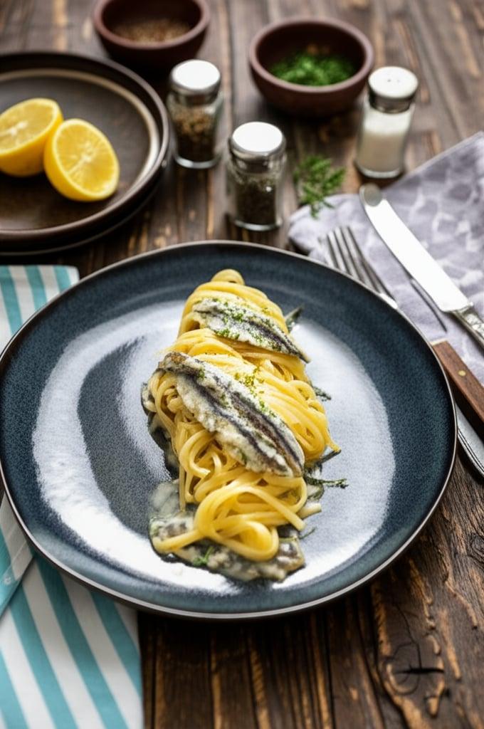 Linguine con anchoas marinadas y pecorino