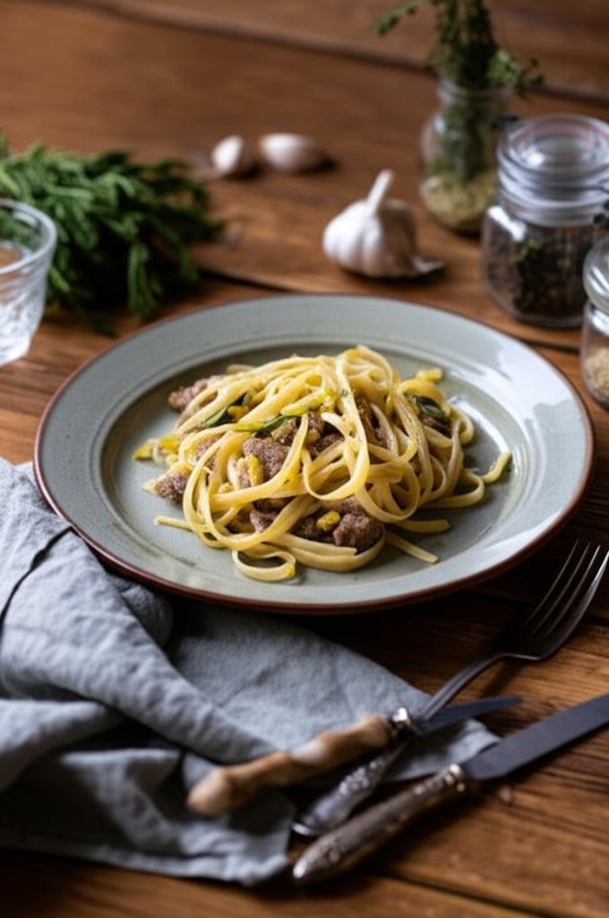 Linguine mit Wurst, Lauch und Fenchel
