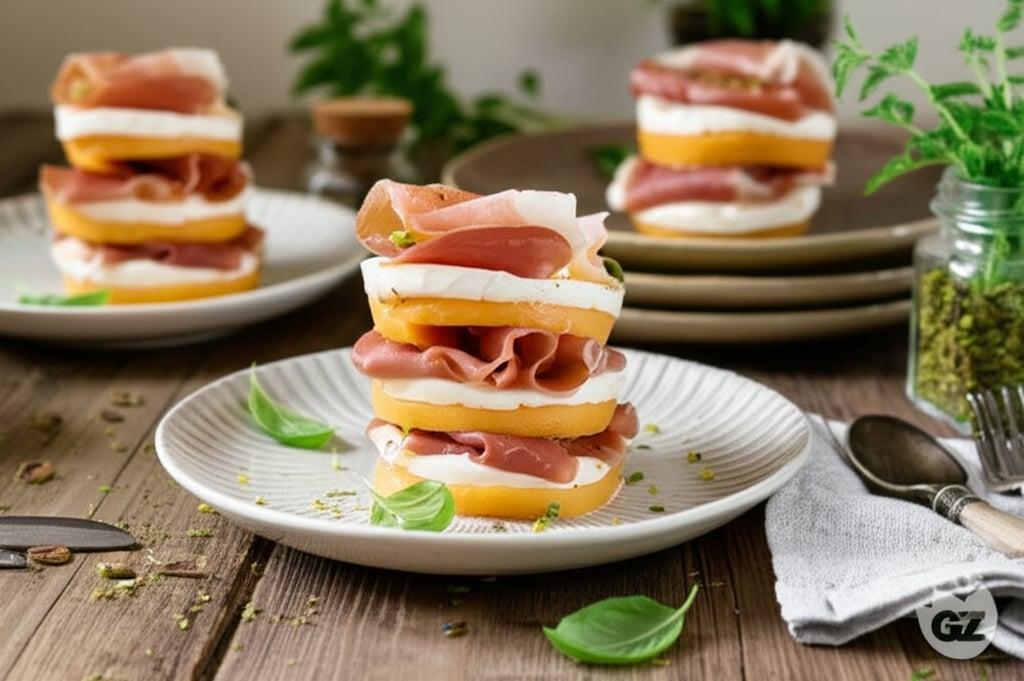 Milhojas con jamón crudo, mozzarella y melón