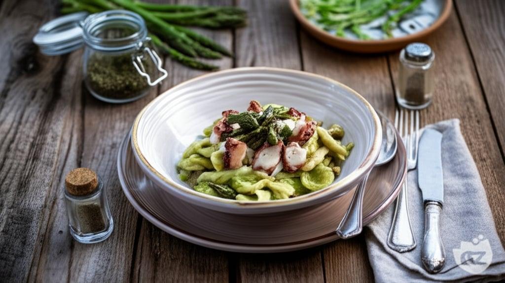Pasta with asparagus, octopus and burrata