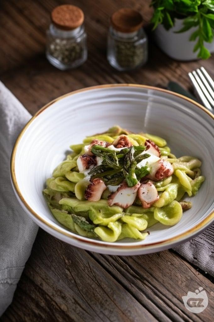 Pasta mit Spargel, Oktopus und Burrata