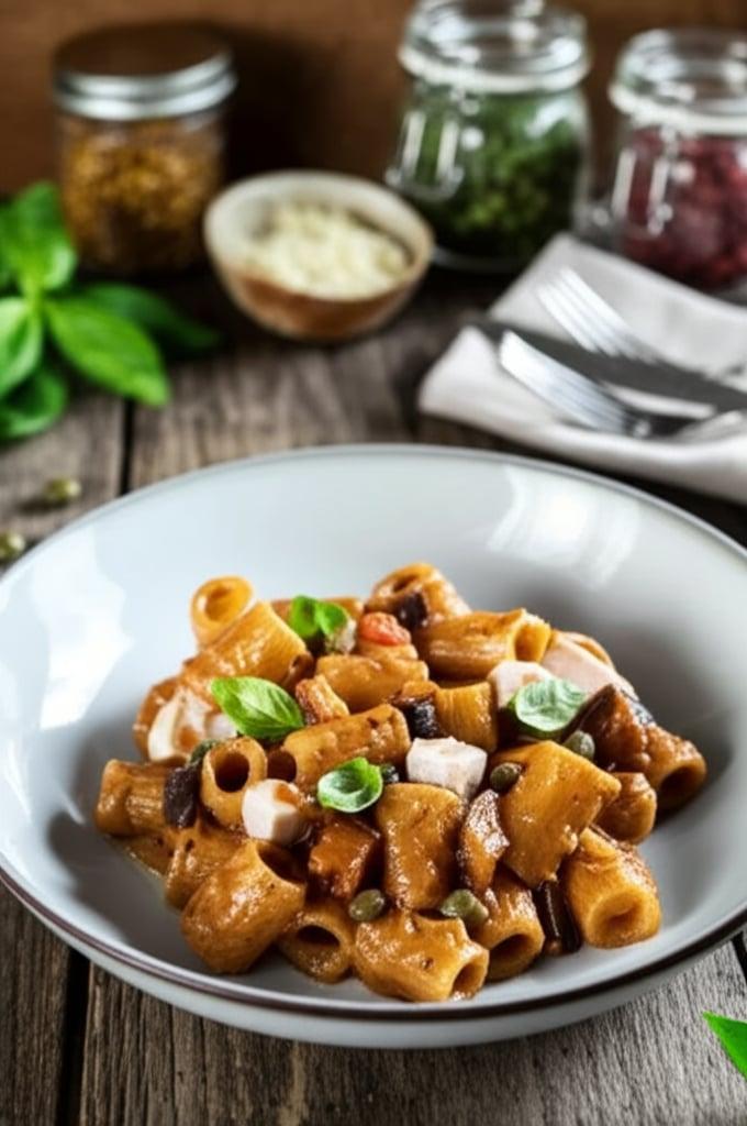 Pasta con crema di melanzane e pesce spada