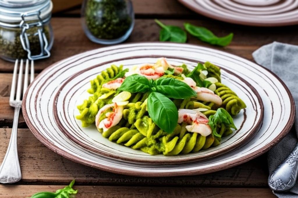 Pasta with arugula pesto and shrimp