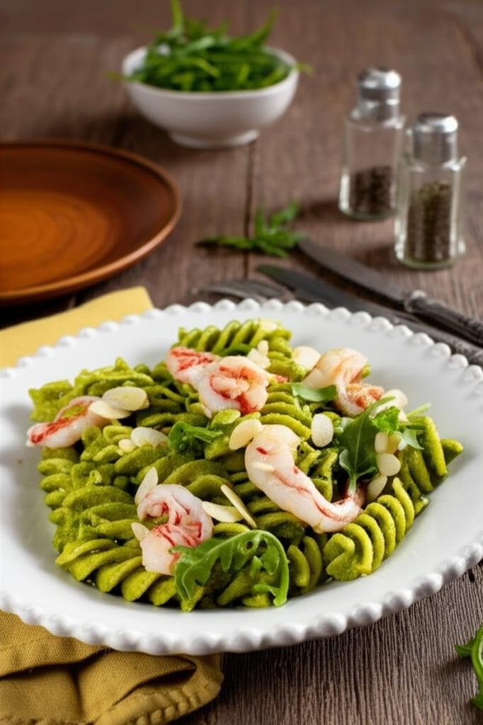 Pasta with arugula pesto and shrimp