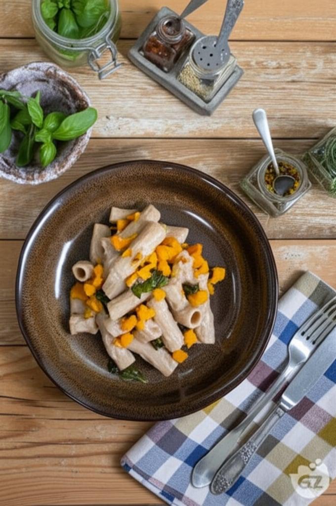 Pasta with pumpkin, chestnuts, and tomino cheese