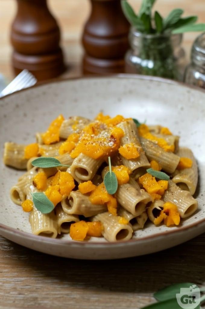 Pasta con zucca, castagne e tomino