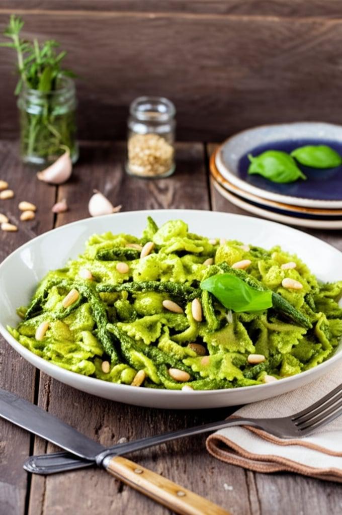 Kalte Pasta mit Pesto, Kartoffeln und grünen Bohnen