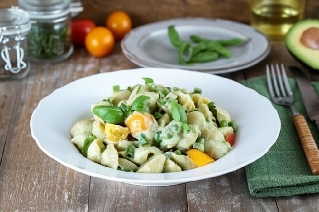 Pasta fredda con ricotta, avocado e fagiolini