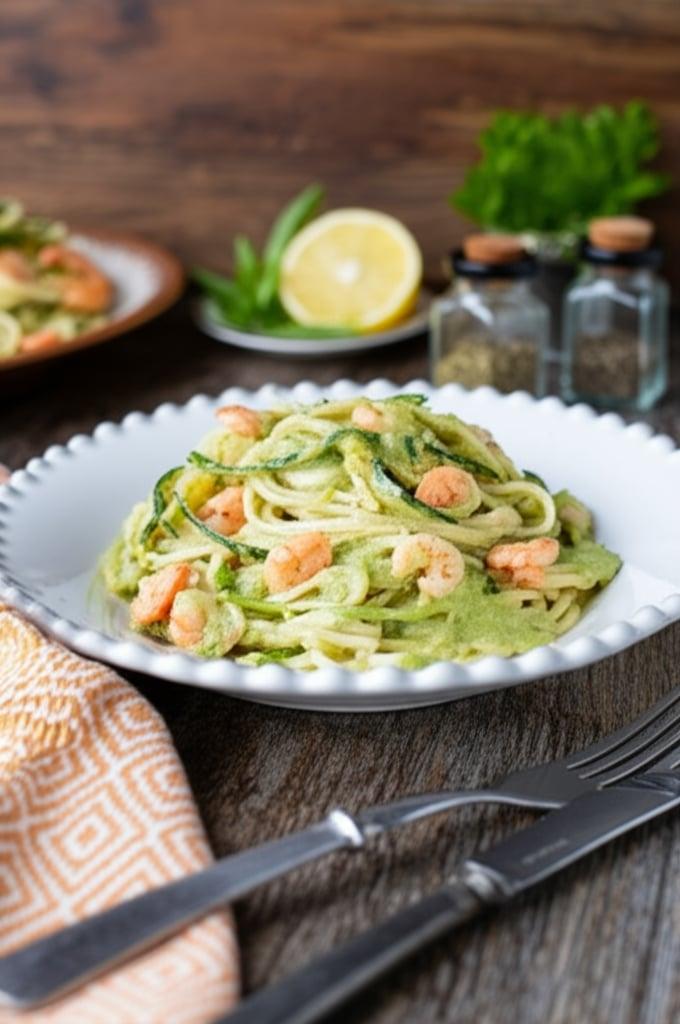 Pâtes crémeuses aux courgettes et crevettes