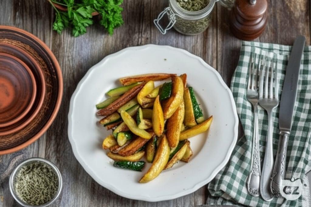 Potatoes and zucchini in a pan