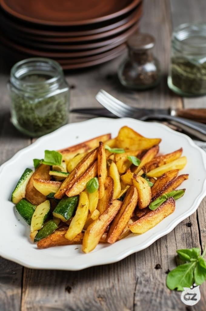 Potatoes and zucchini in a pan