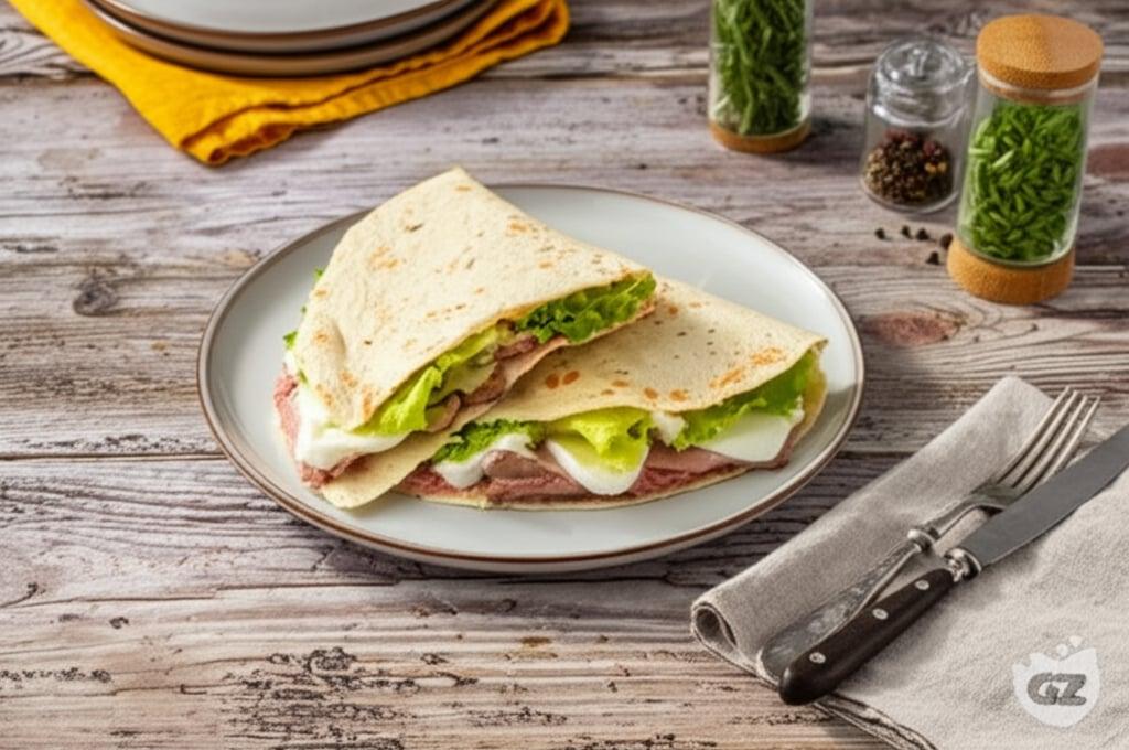 Piadina with roast beef, lettuce and mozzarella