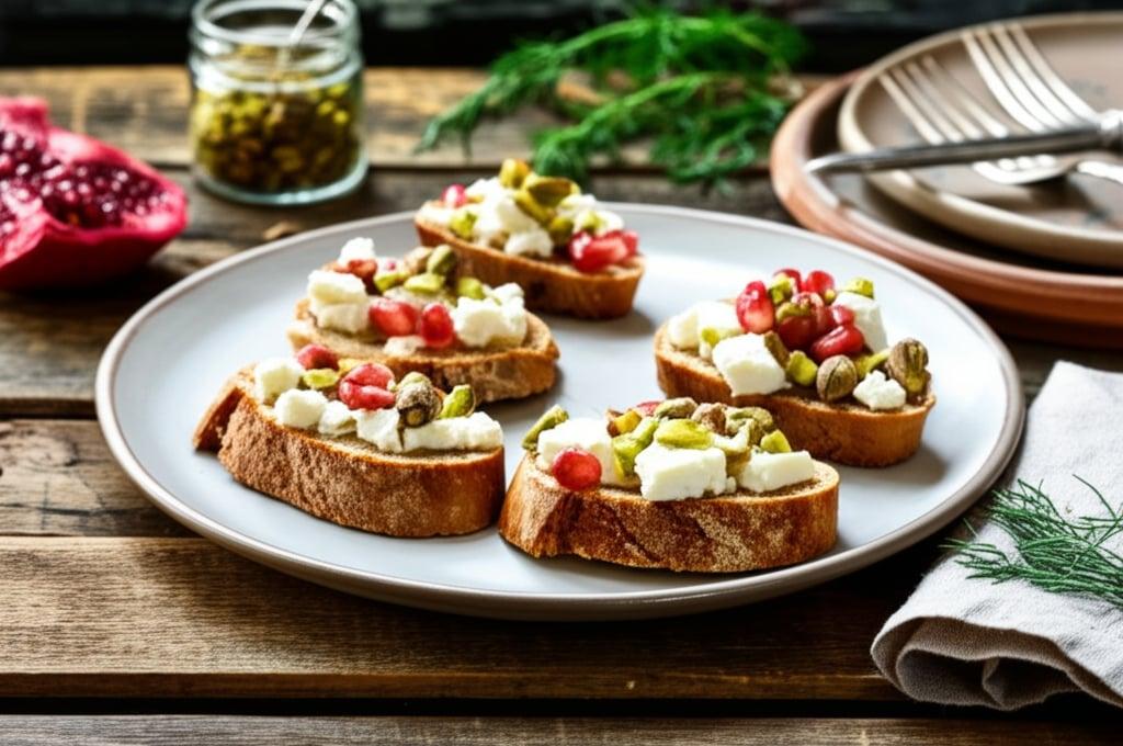 Pistachio, Feta and Pomegranate Crostini