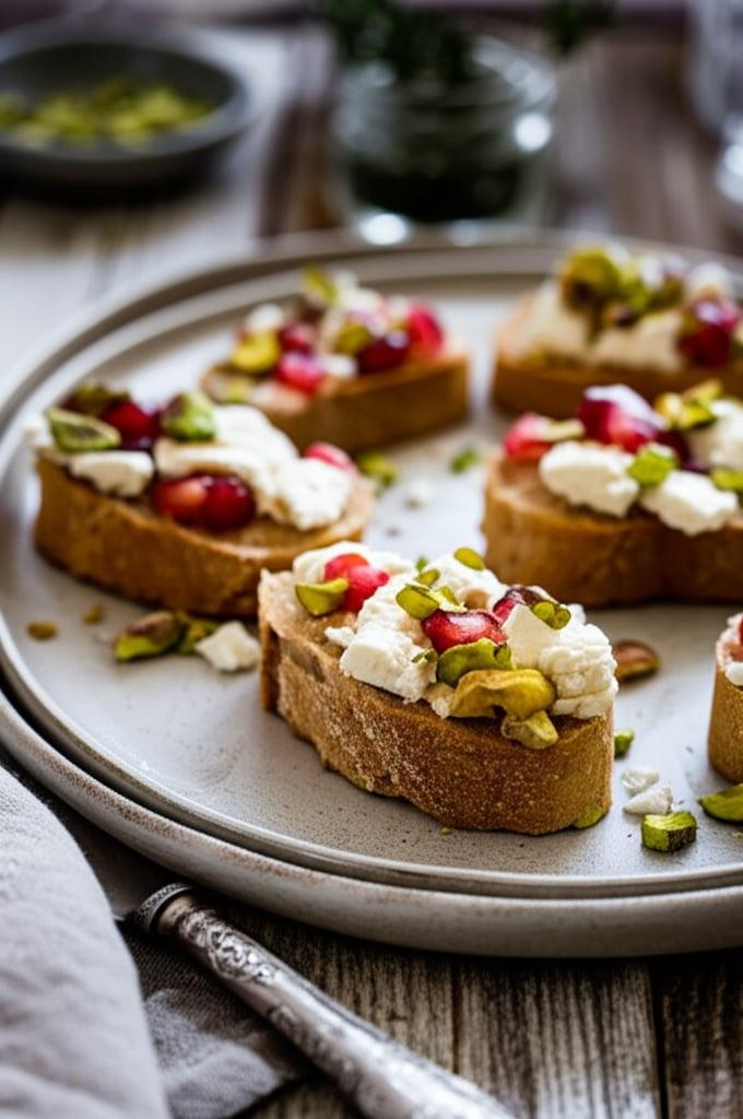 Pistachio, Feta and Pomegranate Crostini