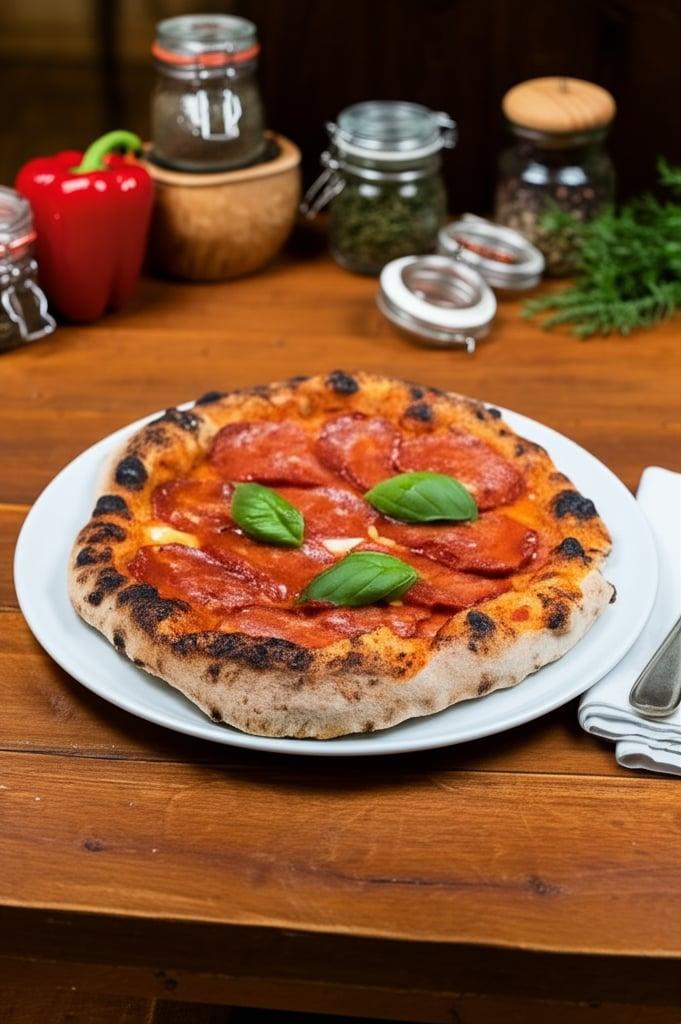 Pizza with bell pepper cream and spianata