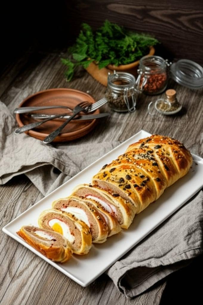 Meatloaf in crust with speck, eggs and cheese
