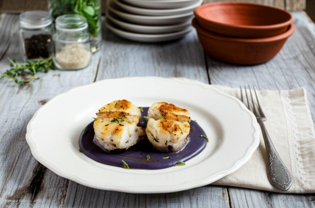 Monkfish with purple potato cream