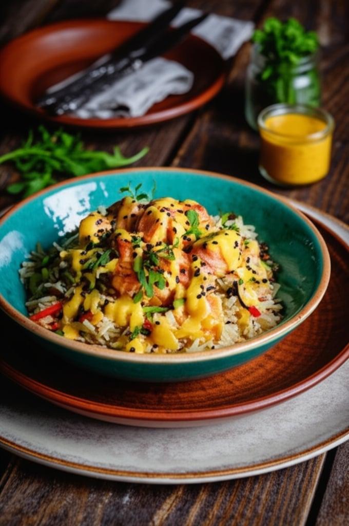 Basmati rice with salmon, sesame seeds and spicy sauce