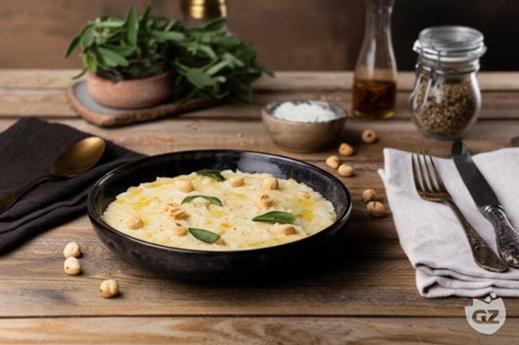 Risoni with leeks, robiola cheese and hazelnuts