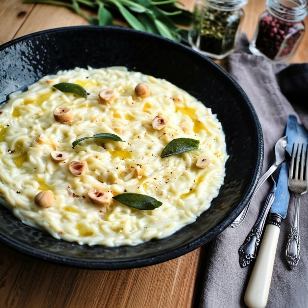 Risoni with leeks, robiola cheese and hazelnuts