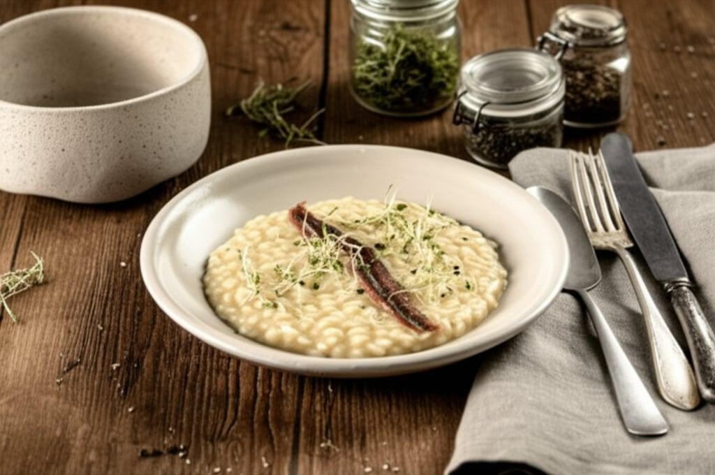 Risotto al porro con ricotta di capra e alici