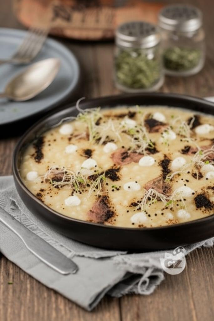 Risotto al porro con ricotta di capra e alici
