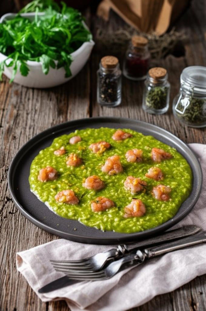 Risotto with zucchini cream and raw shrimp