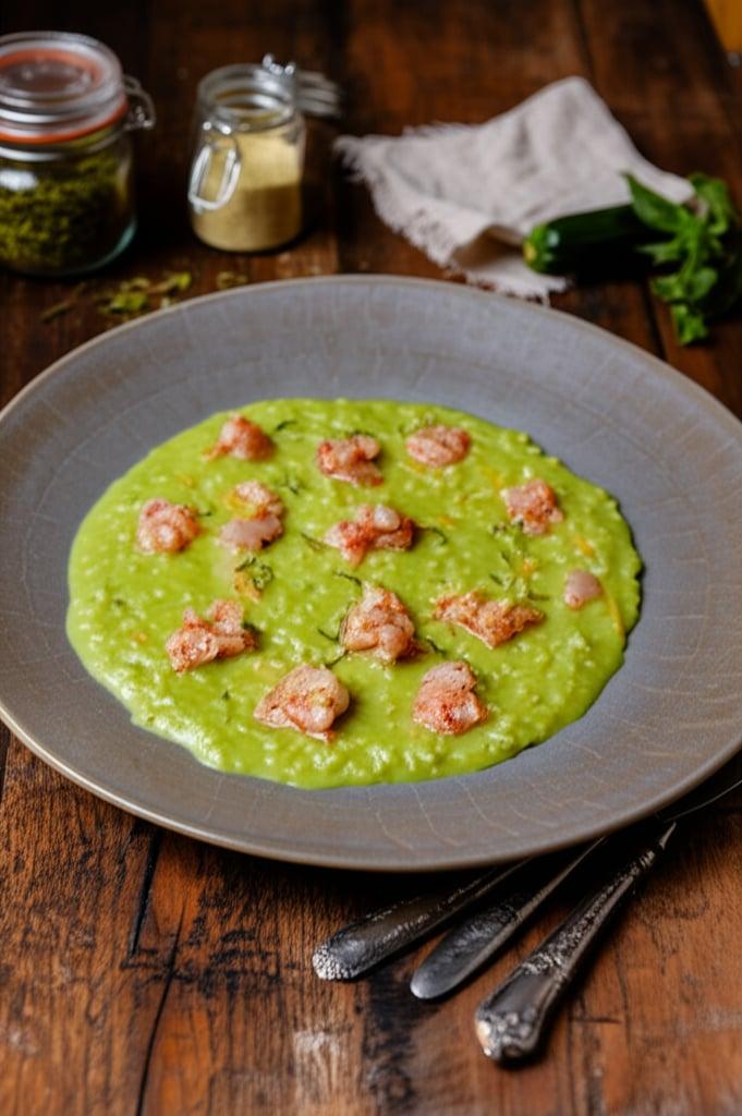 Risotto con crema de calabacín y gambas crudas