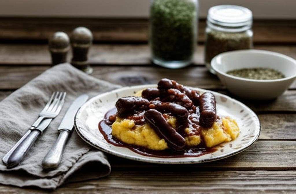 Sausage in red wine with polenta