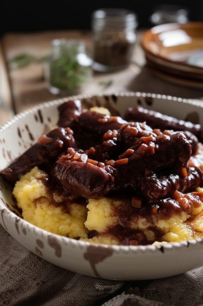 Sausage in red wine with polenta