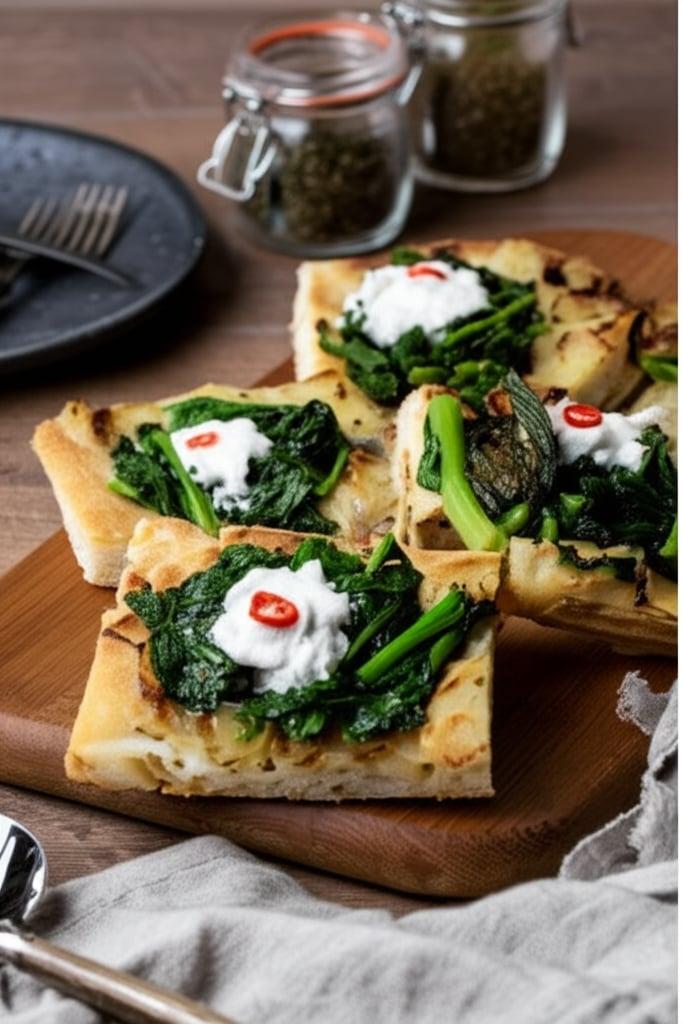 Schiacciata mit Kartoffeln, Stängelkohl und Burrata