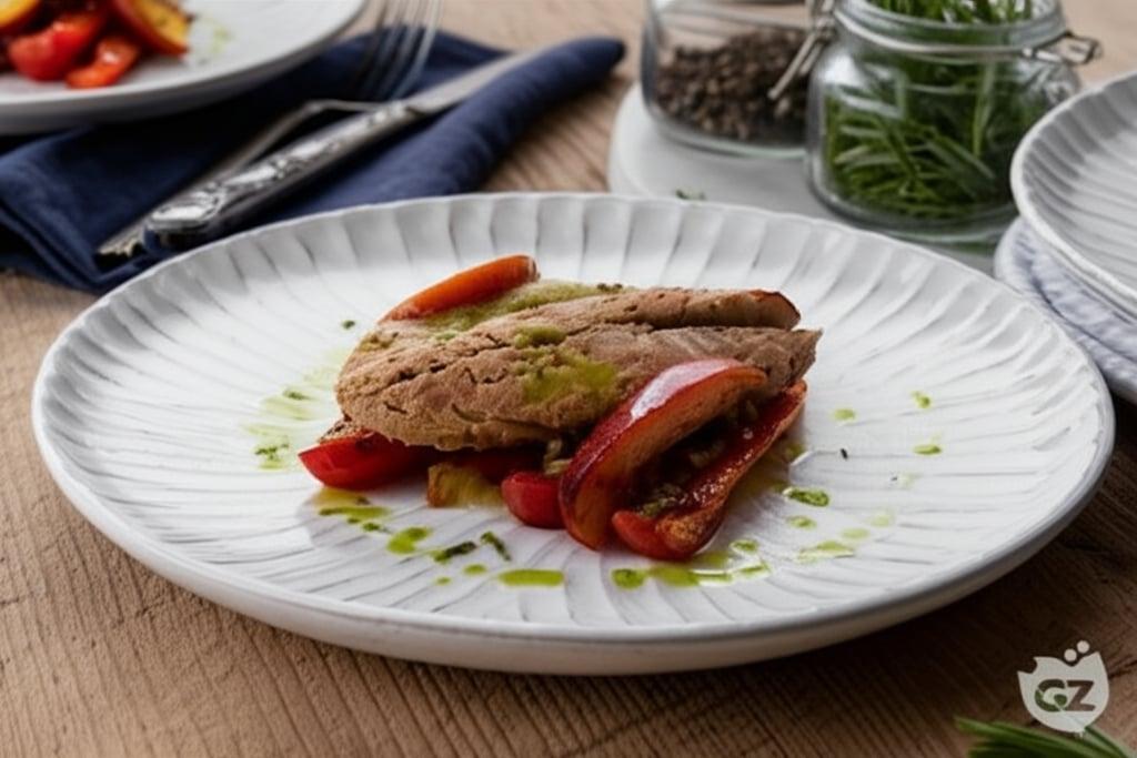 Mackerel with peppers, peaches and basil