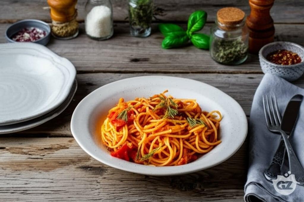 Spaghetti with tomato sauce, anchovies and pecorino cheese