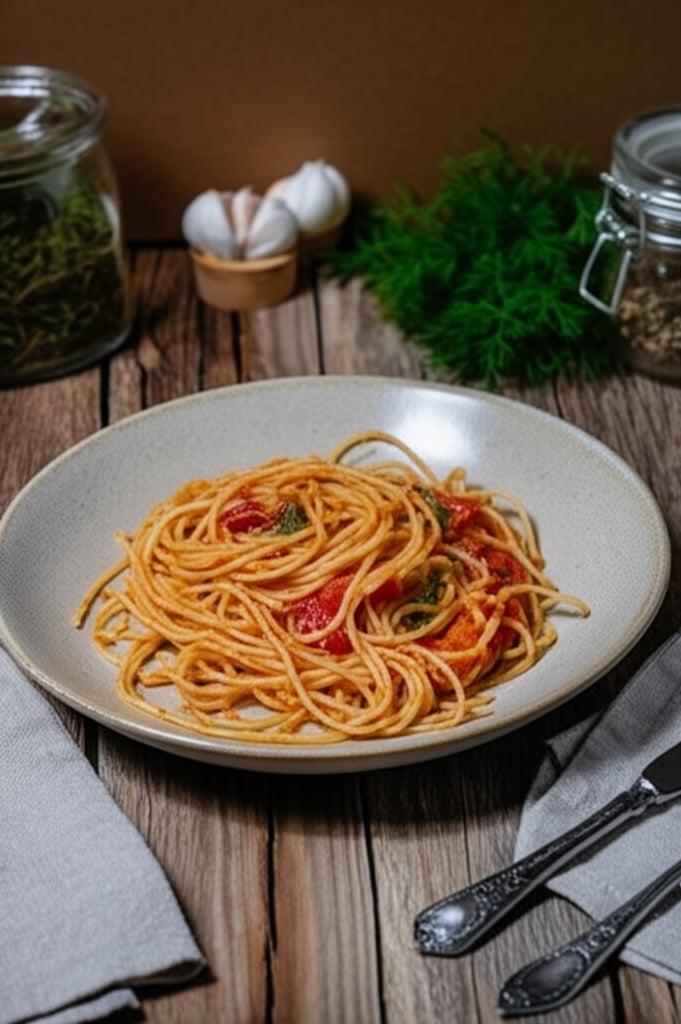Espaguetis con tomate, anchoas y pecorino
