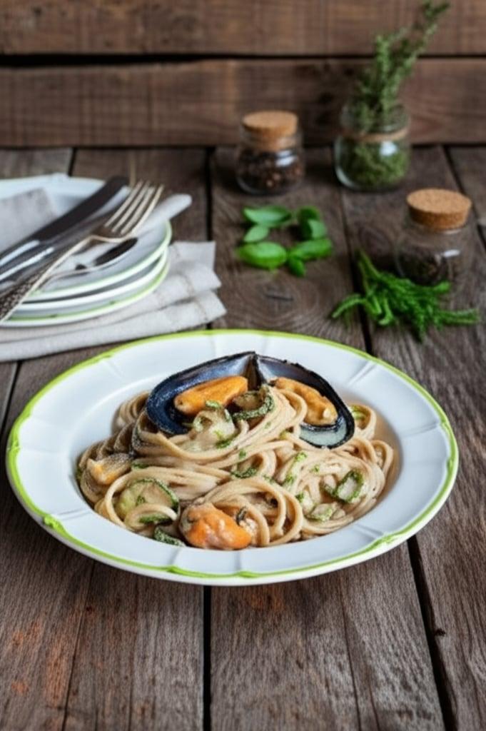 Espaguetis a la Nerano con mejillones