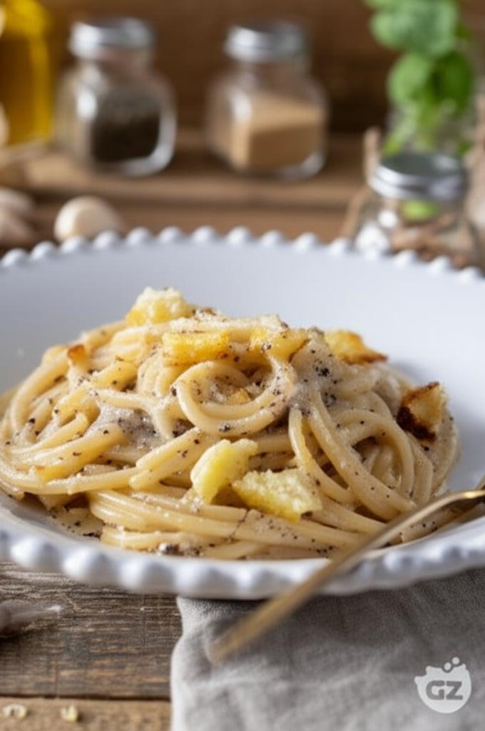 Spaghetti con crema di aglio e tartufo