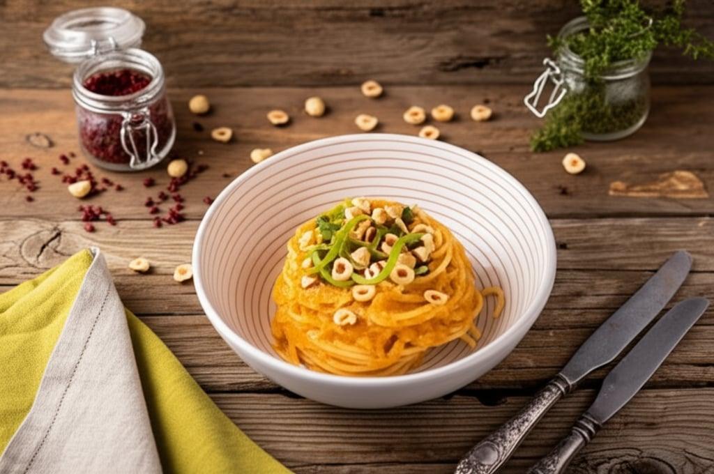 Spaghetti with leek cream, nduja and hazelnuts