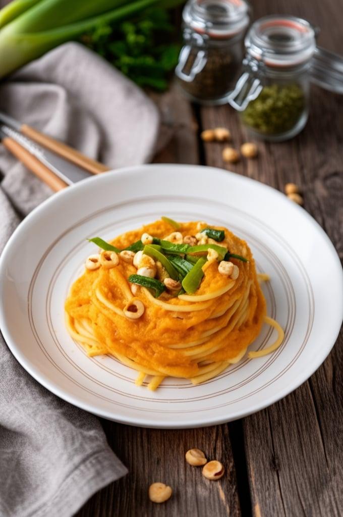 Spaghetti con crema di porri, nduja e nocciole