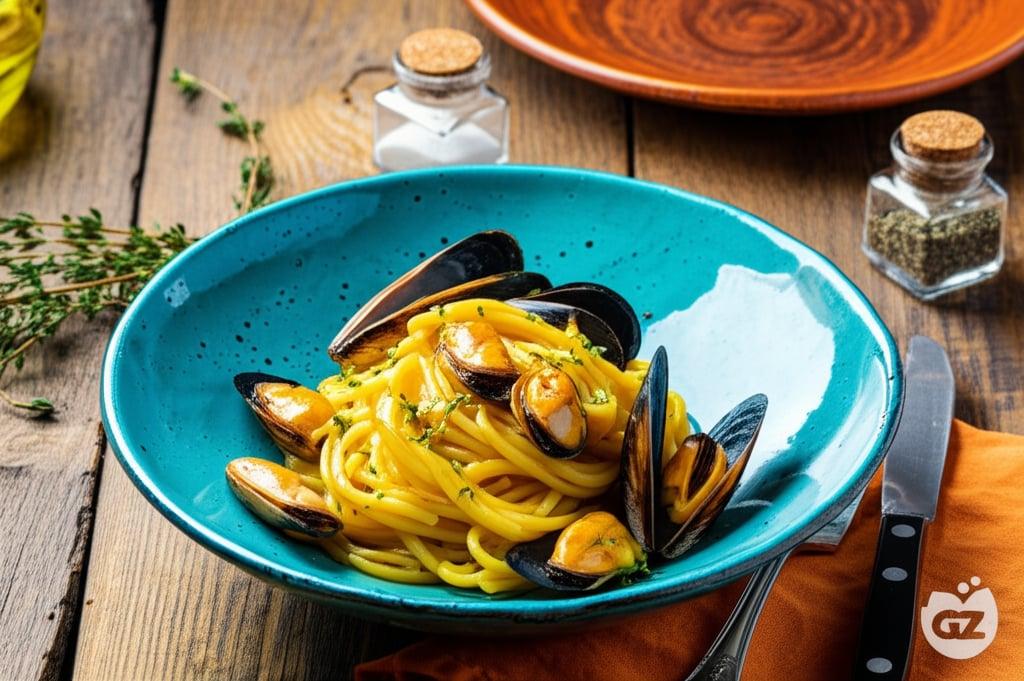 Spaghetti with pumpkin cream and mussels