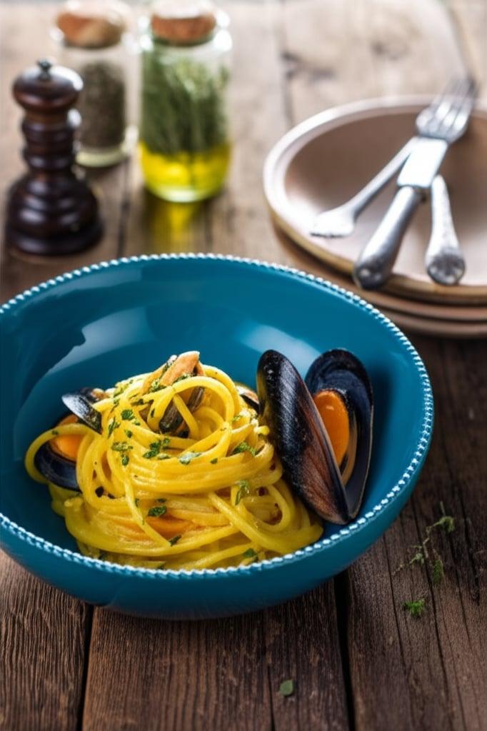 Spaghetti with pumpkin cream and mussels